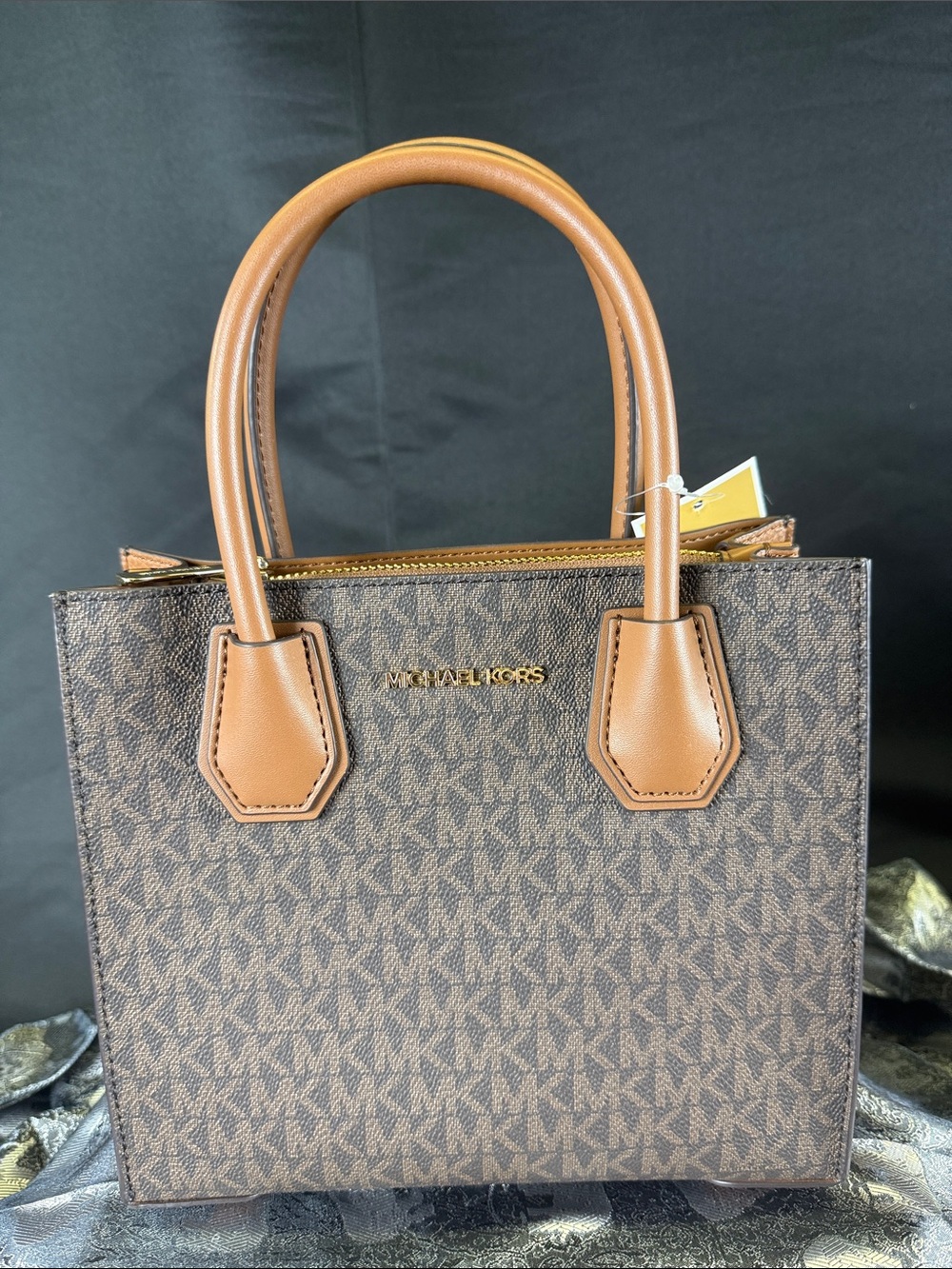 Michael Kors Brown Signature Satchel with Tan Leather Handles